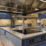 Elegant Molteni kitchen in blue with yellow and blue tiles on the walls